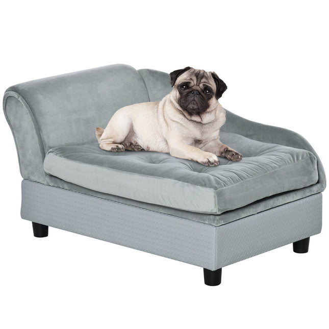 Plush dog bed sofa - natural wood, light blue, 76x45cm