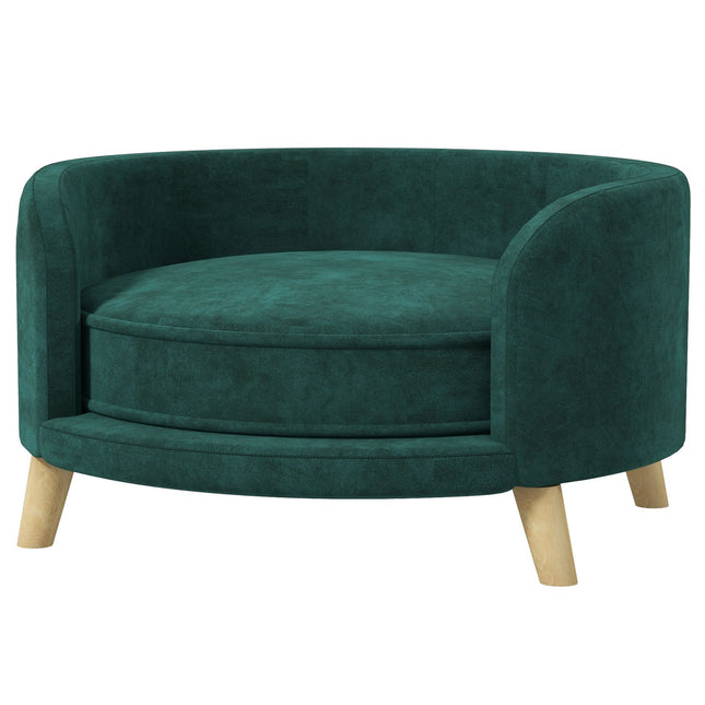 Dog sofa with cushion, velvet look, raised wooden legs