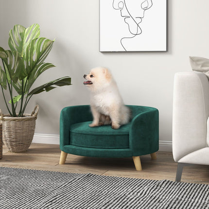 Dog sofa with cushion, velvet look, raised wooden legs