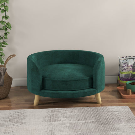 Dog sofa with cushion, velvet look, raised wooden legs