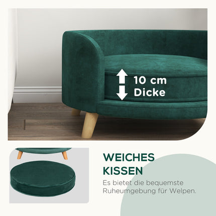 Dog sofa with cushion, velvet look, raised wooden legs