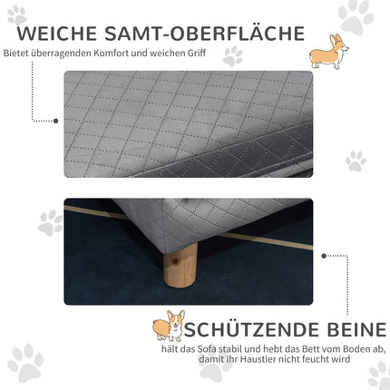 Velvet sofa for small dogs, wooden legs, grey