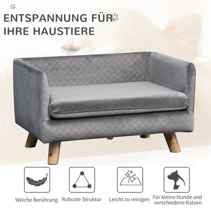 Velvet sofa for small dogs, wooden legs, grey