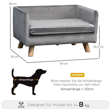 Velvet sofa for small dogs, wooden legs, grey