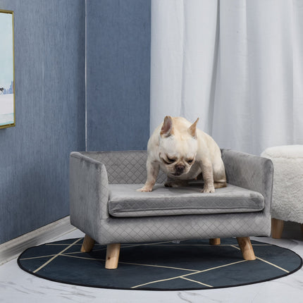 Velvet sofa for small dogs, wooden legs, grey