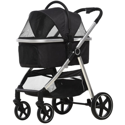 Collapsible dog and cat stroller - 3-in-1 with cushion, brakes