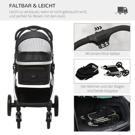 Collapsible dog and cat stroller - 3-in-1 with cushion, brakes