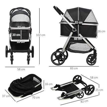 Collapsible dog and cat stroller - 3-in-1 with cushion, brakes