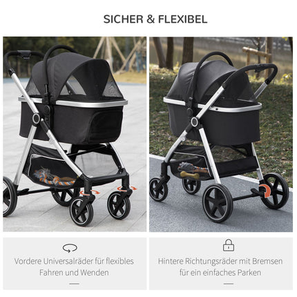 Collapsible dog and cat stroller - 3-in-1 with cushion, brakes