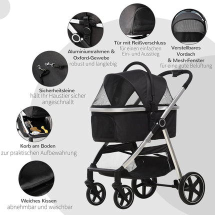 Collapsible dog and cat stroller - 3-in-1 with cushion, brakes