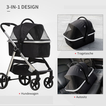 Collapsible dog and cat stroller - 3-in-1 with cushion, brakes