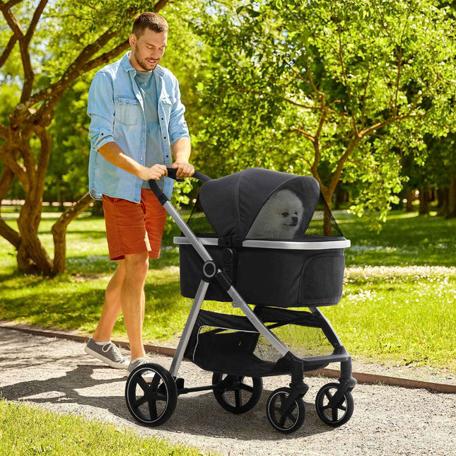 Collapsible dog and cat stroller - 3-in-1 with cushion, brakes