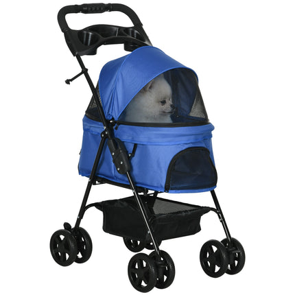 Collapsible pet stroller for small dogs and cats, blue