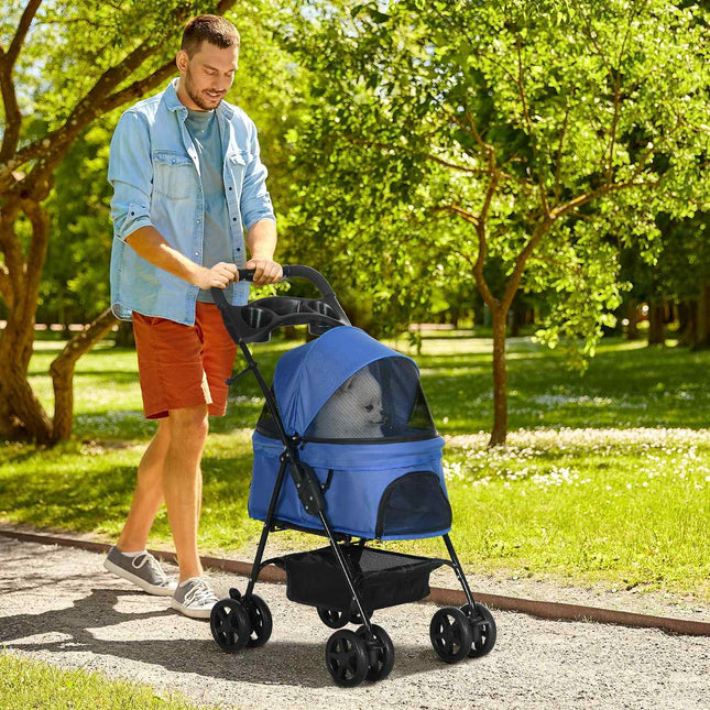 Collapsible pet stroller for small dogs and cats, blue