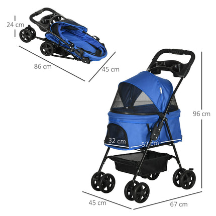 Collapsible pet stroller for small dogs and cats, blue
