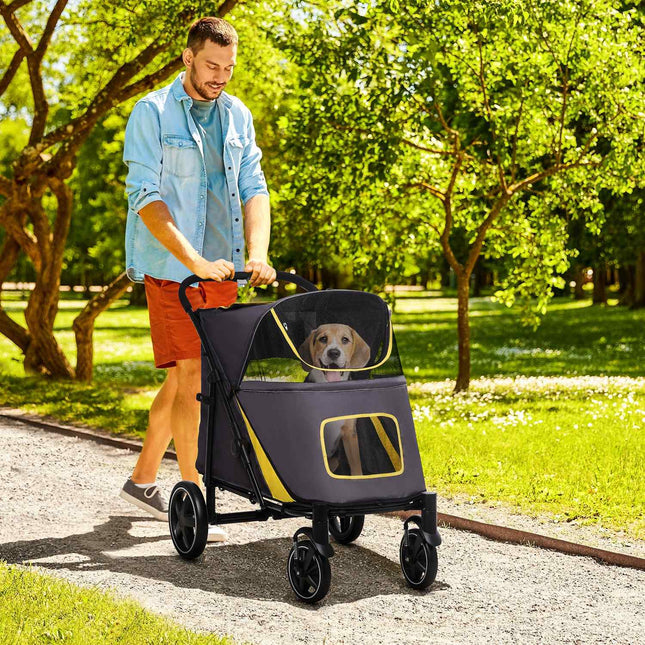 Collapsible pet stroller with cushion and mesh window, gray