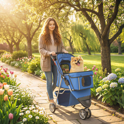 Dog Stroller, Foldable, 10 kg Capacity, Basket, Blue
