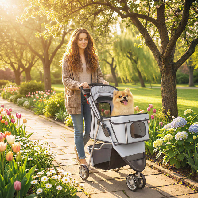 Dog Stroller, Foldable, Storage Basket, Cup Holder, 10 kg, Gray