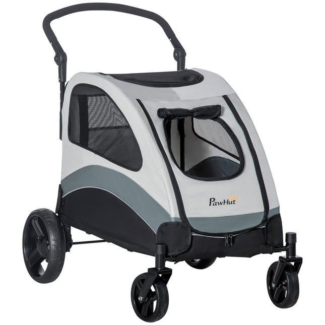 Pet stroller with mesh window and storage, foldable 4-wheel design