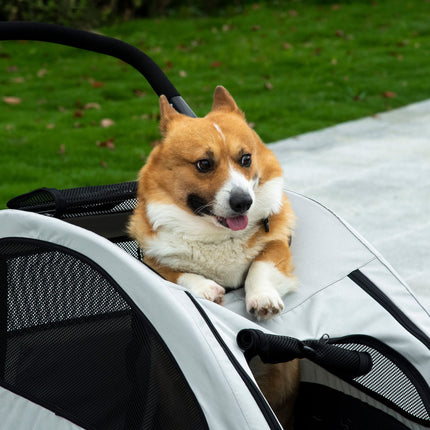 Pet stroller with mesh window and storage, foldable 4-wheel design