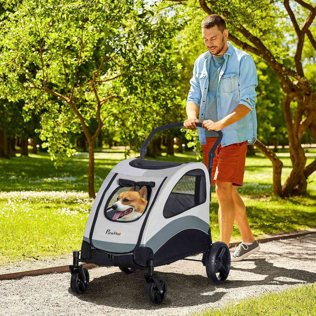 Pet stroller with mesh window and storage, foldable 4-wheel design