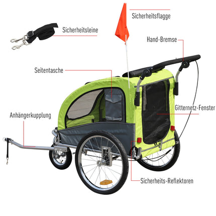 Large Dog Sled Jogger, Stable Bicycle Holder, Green/Grey