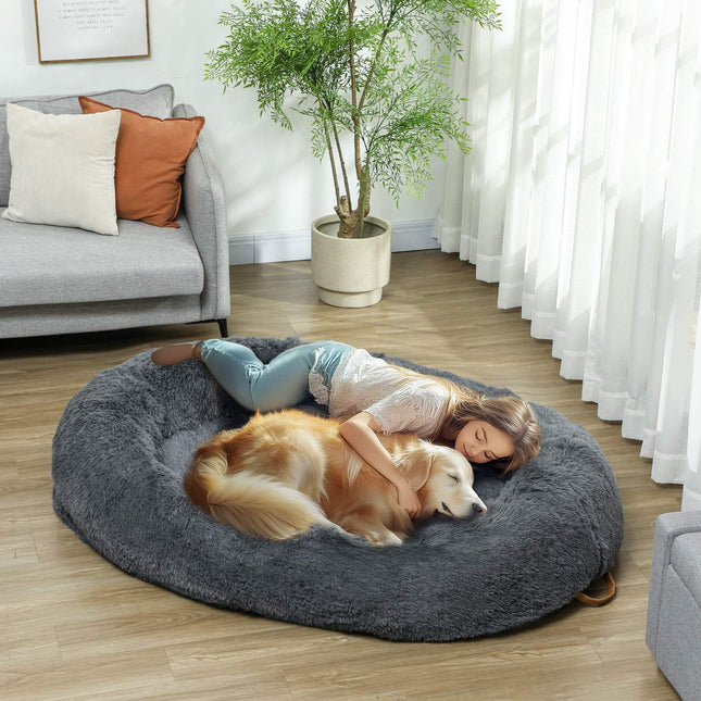 Plush non-slip dog and cat bed with washable cover, dark grey
