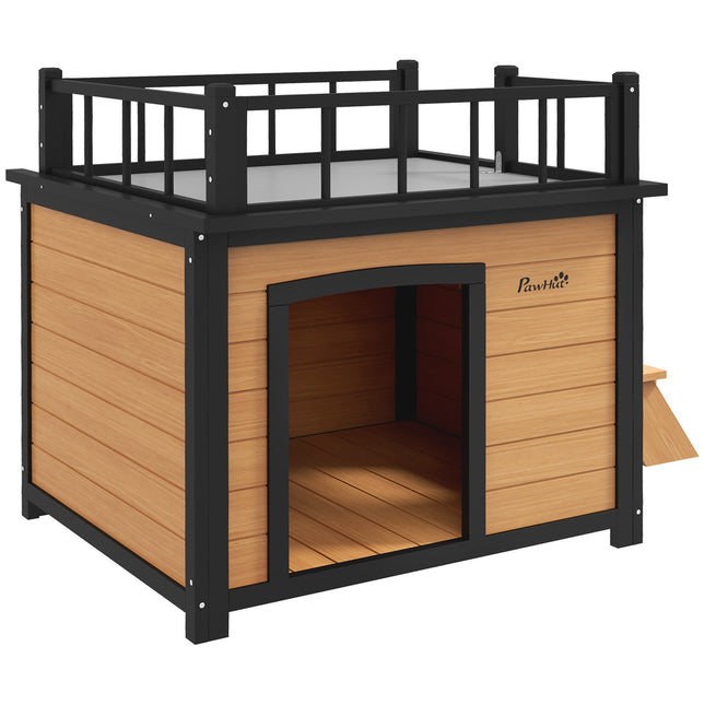 Dog house with balcony and stairs - spruce wood, yellow