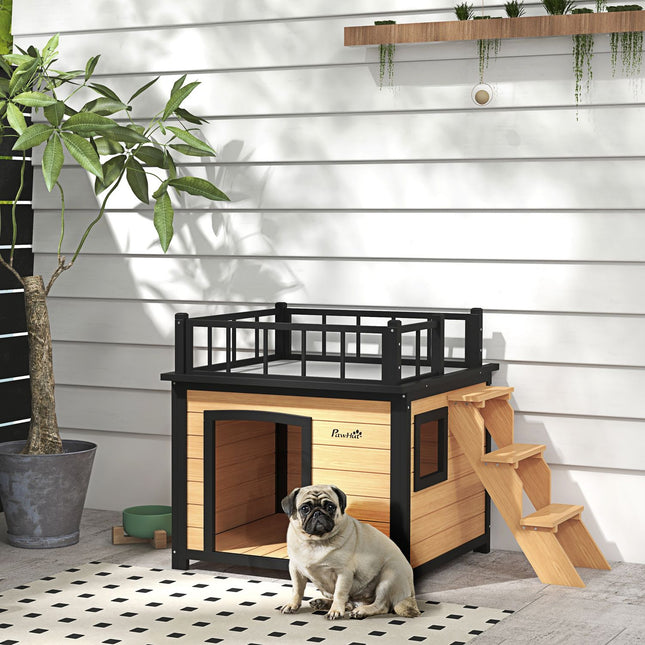 Dog house with balcony and stairs - spruce wood, yellow
