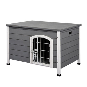 Waterproof outdoor dog house with door, gray spruce wood