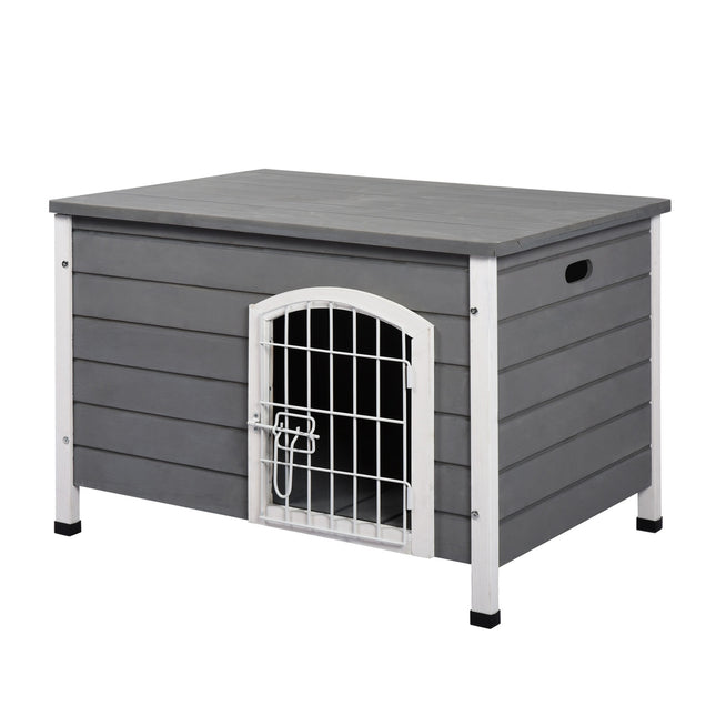 Waterproof outdoor dog house with door, gray spruce wood
