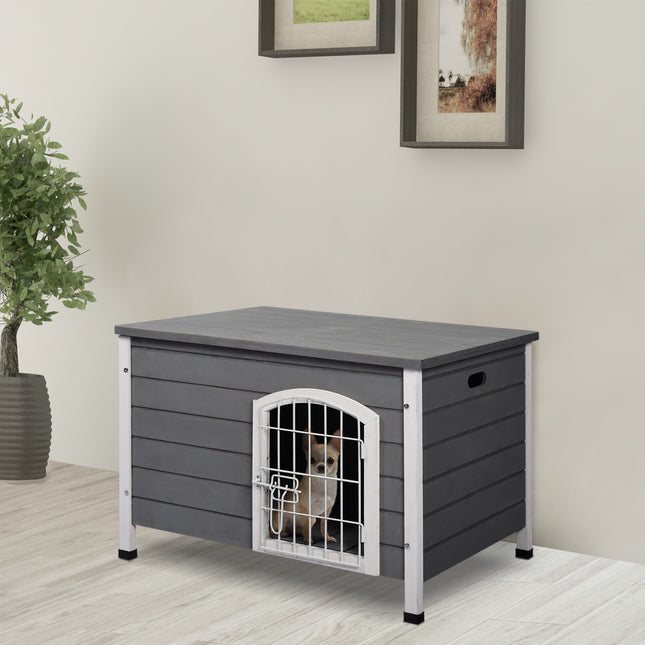 Waterproof outdoor dog house with door, gray spruce wood