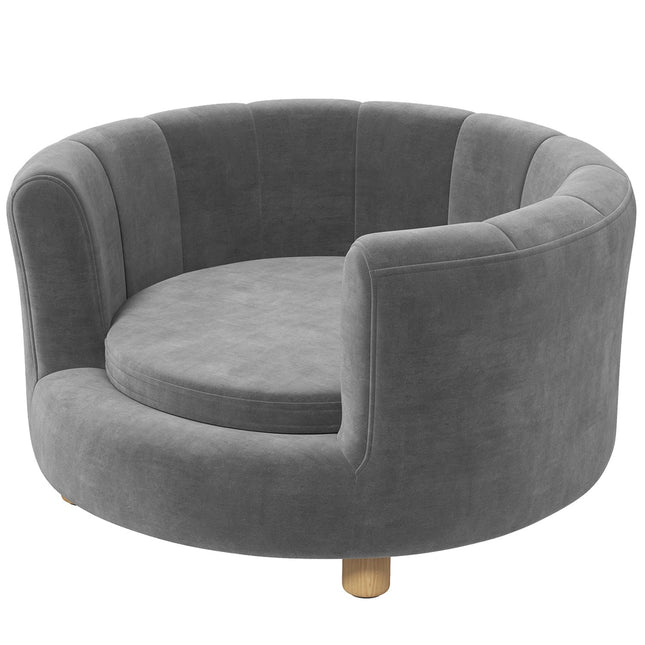 Washable gray dog sofa with backrest and wooden legs