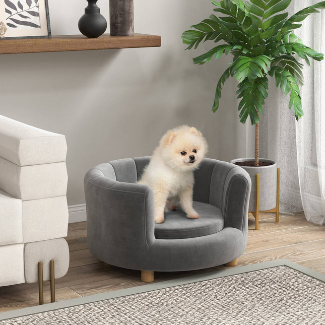 Washable gray dog sofa with backrest and wooden legs