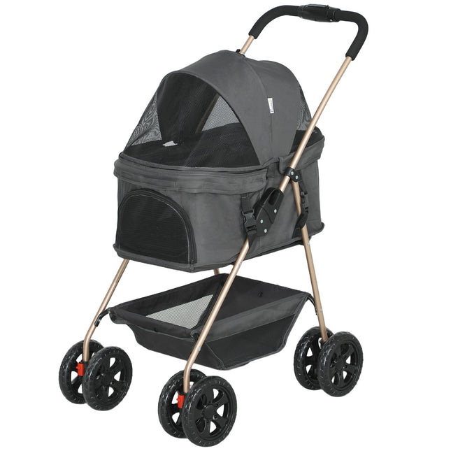 Collapsible 3-in-1 pet stroller with 360° wheels, gray