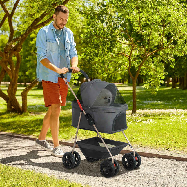 Collapsible 3-in-1 pet stroller with 360° wheels, gray