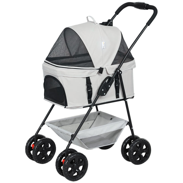 Collapsible 3-in-1 pet stroller with 360° wheels, light grey
