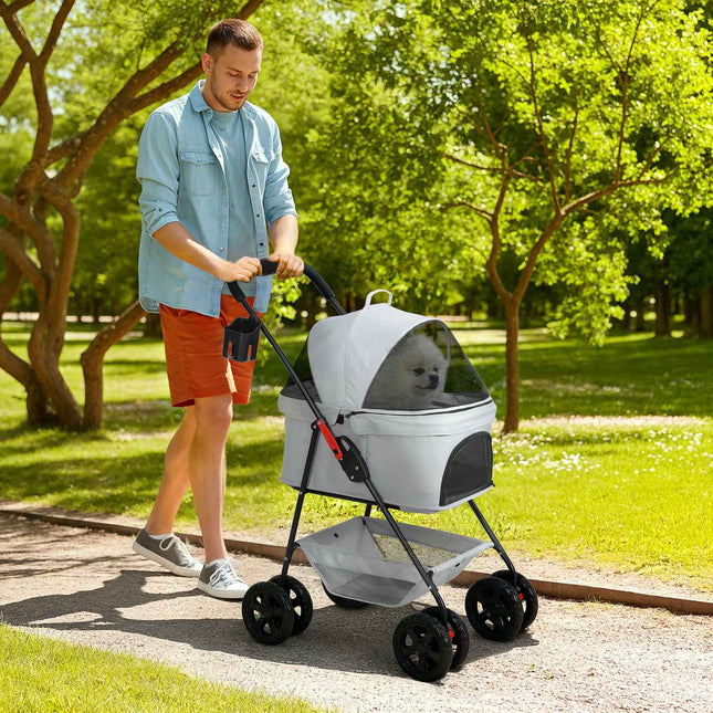 Collapsible 3-in-1 pet stroller with 360° wheels, light grey