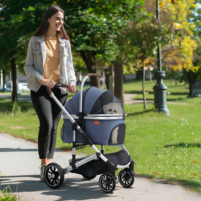 Collapsible 3-in-1 pet stroller, 10 kg capacity, blue