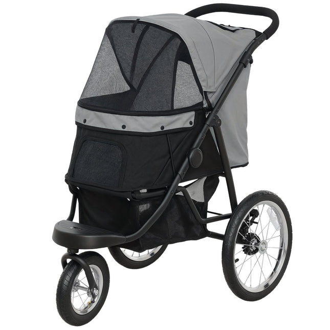 Collapsible dog and cat stroller, 3-wheeled, up to 10 kg, grey