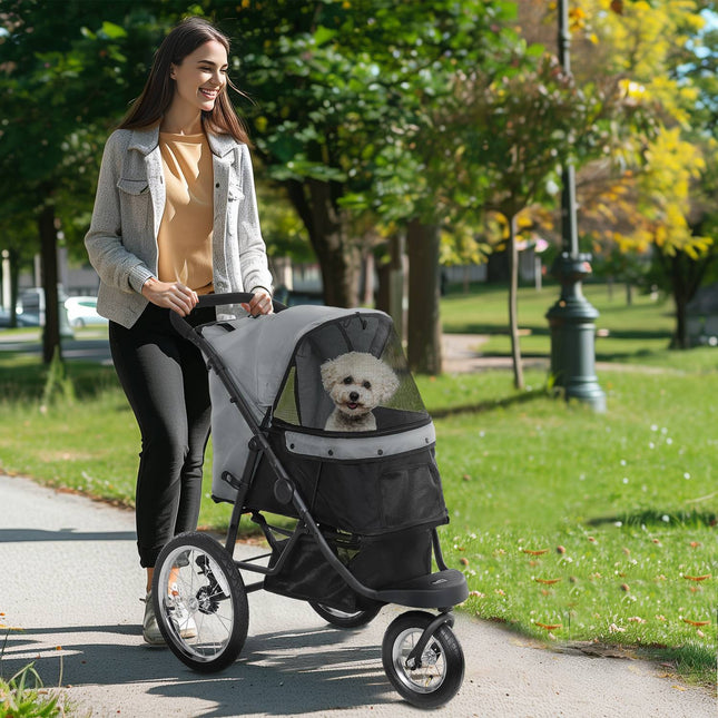 Collapsible dog and cat stroller, 3-wheeled, up to 10 kg, grey