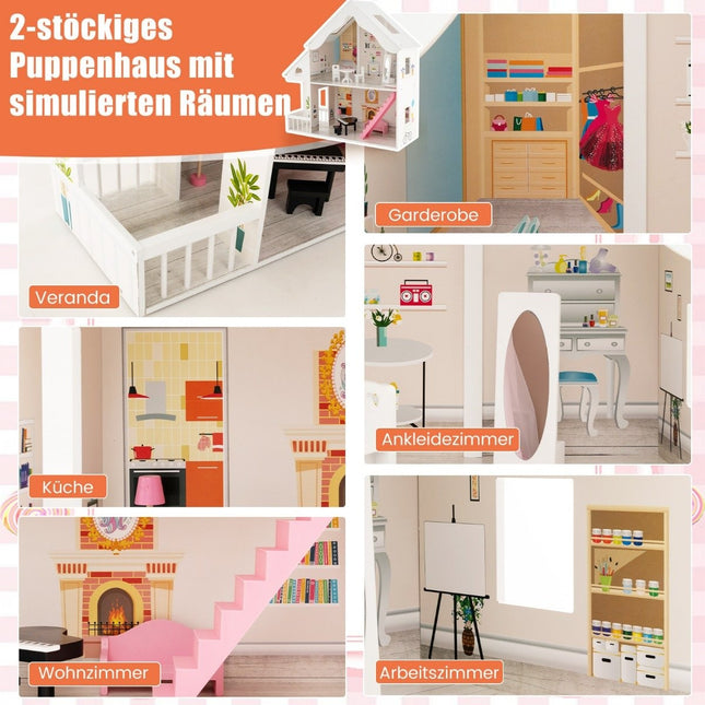 Dollhouse wooden 2-story dollhouse with accessories & furniture 81 x 30 x 86 cm white