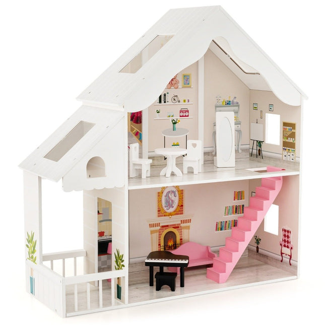 Dollhouse wooden 2-story dollhouse with accessories & furniture 81 x 30 x 86 cm white