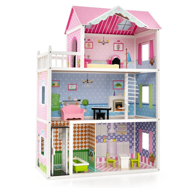 Dollhouse wooden dollhouse with furniture & accessories 3 tier dollhouse toy 80 x 33 x 114 cm