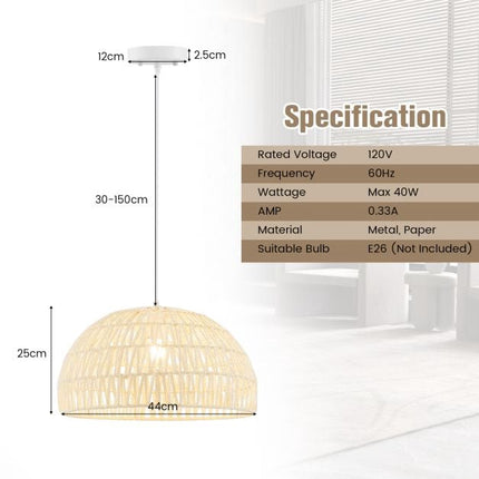 Dome Paper Pendant Ceiling Light, Adjustable Rope, Beige
