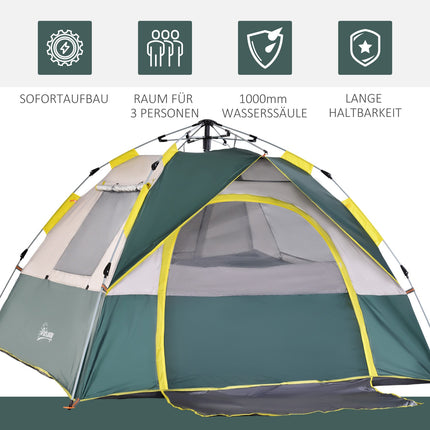 3-person dome tent, waterproof polyester, green, 205x195x135cm