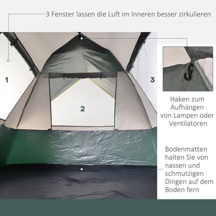 3-person dome tent, waterproof polyester, green, 205x195x135cm