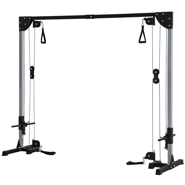 Kabeltrekkrachtstation voor thuis, insteekgewichten tot 50 kg belasting per zijde, kabeltrekstation met handgrepen, vrijstaande kabeltoren kabeltrektoren voor oefeningen thuisgym 245 x 207 cm |