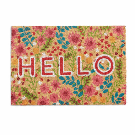 Door mat coconut fiber "Hello" with flowers