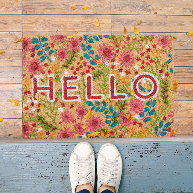 Door mat coconut fiber "Hello" with flowers